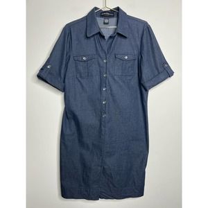 Sharagano Dress Womens 14 Blue Shirtdress Button Front Roll Tab Sleeve Chambray
